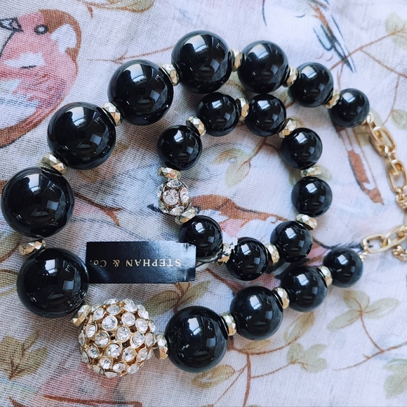 Stephan & Co Black Acrylic Round Bead Bracelet and Necklace Set Rhinestones NWT - Picture 3 of 8